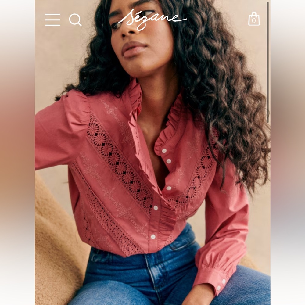 Sézane Rose-Mauve Lace-Trim Cotton Blouse